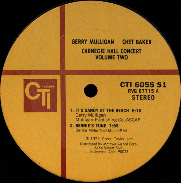 Gerry Mulligan / Chet Baker ‎– Carnegie Hall Concert Volume 2 Vinyl LP CTI 6055 S1 VG+/VG+