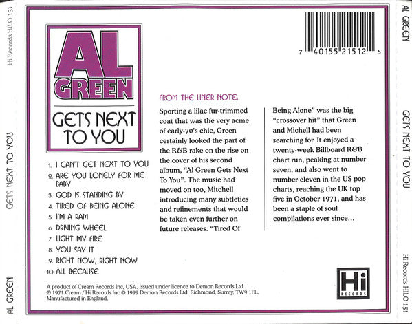 Al Green ‎– Gets Next To You CD Hi Records ‎– HILO 151 1999 Release